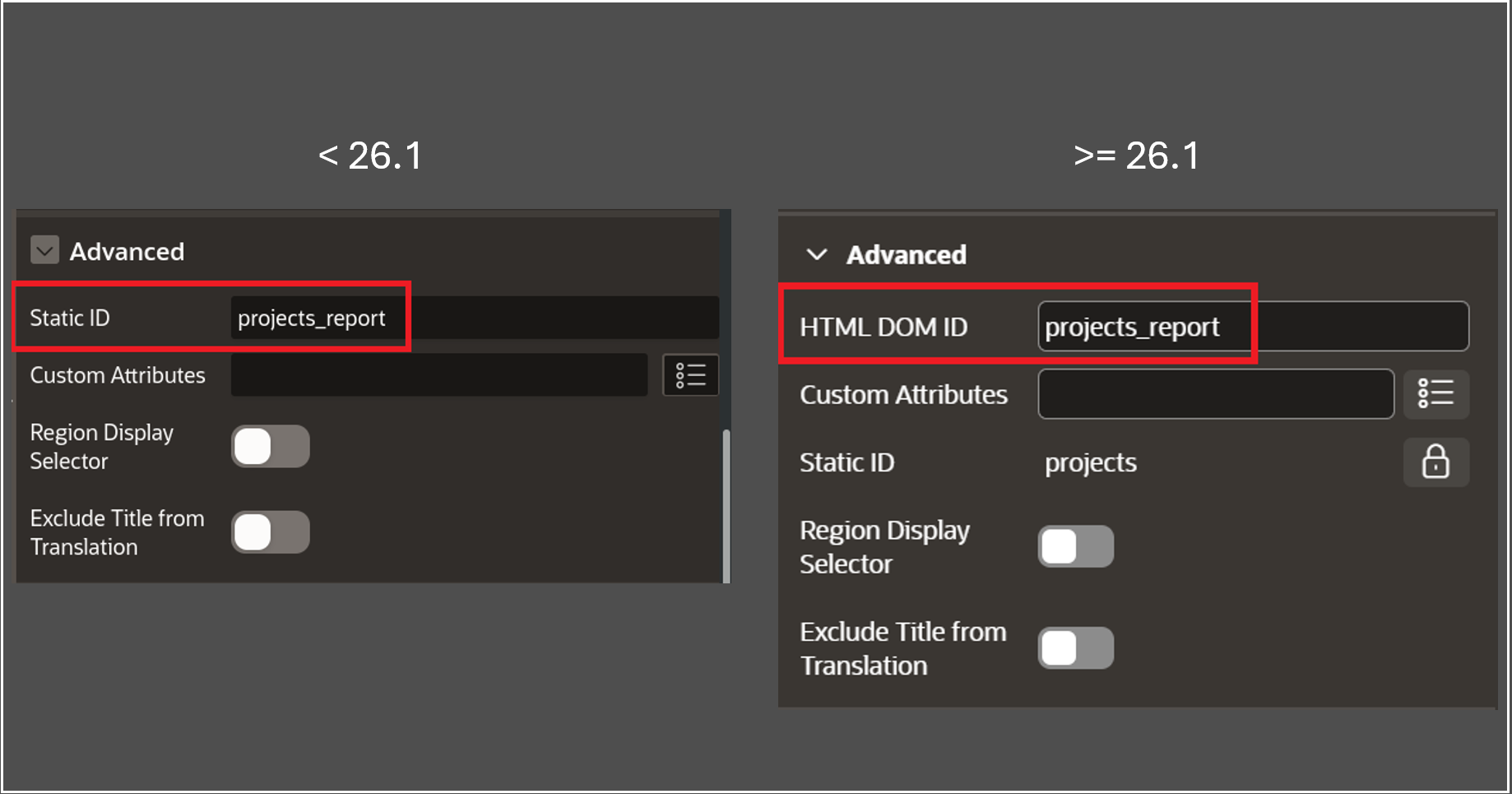 The image on the left displays the static id property for APEX before version 26.1. The image on the right shows how this property name has changed to HTML DOM ID in versions from 26.1 